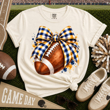 Yellow and Blue Gingham Bow Football DTF Transfer DTF Heat Press Transfer from Sweet Tee Transfers