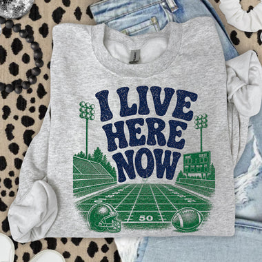 I Live Here Now Football Blue DTF Transfer DTF Heat Press Transfer from Sweet Tee Transfers