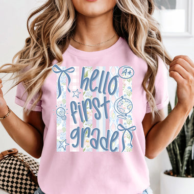 Hello First Grade Striped Pastel DTF Transfer DTF Heat Press Transfer from Sweet Tee Transfers