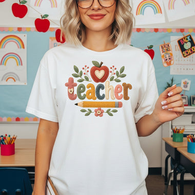 Faux Stitch Teacher with Apple Heart DTF Transfer DTF Heat Press Transfer from Sweet Tee Transfers