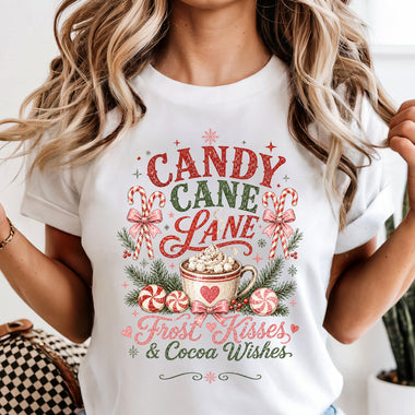 Candy Cane Lane Frost Kisses and Cocoa Wishes DTF Transfer DTF Heat Press Transfer from Sweet Tee Transfers