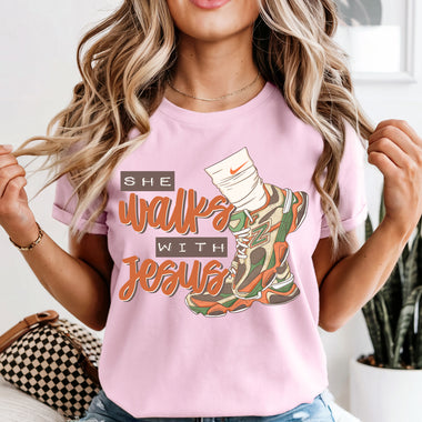 She Walks with Jesus DTF Transfer DTF Heat Press Transfer from Sweet Tee Transfers