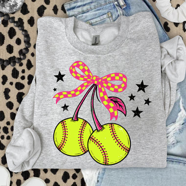 Softball Cherry Bow Stars DTF Transfer DTF Heat Press Transfer from Sweet Tee Transfers