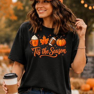 Tis the Season Football Pumpkin Leaf Drink DTF Transfer DTF Heat Press Transfer from Sweet Tee Transfers