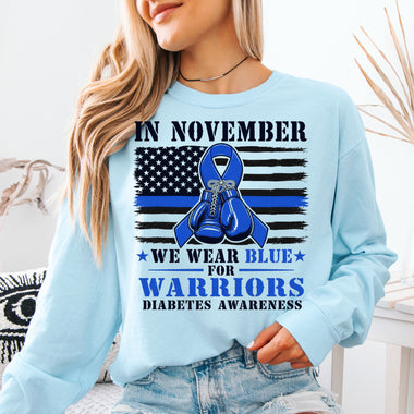 In November We Wear Blue Diabetes Awareness DTF Transfer DTF Heat Press Transfer from Sweet Tee Transfers