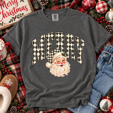 Merry Black and White Checkered Santa DTF Transfer DTF Heat Press Transfer from Sweet Tee Transfers
