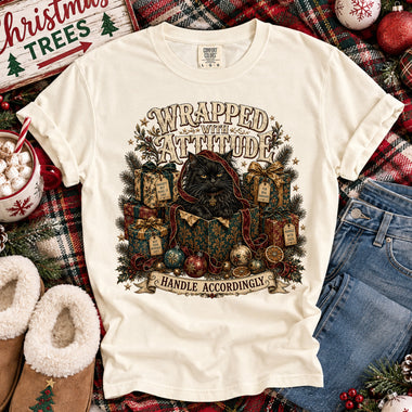 Wrapped with Attitude Handle Accordingly Christmas Cat DTF Transfer DTF Heat Press Transfer from Sweet Tee Transfers