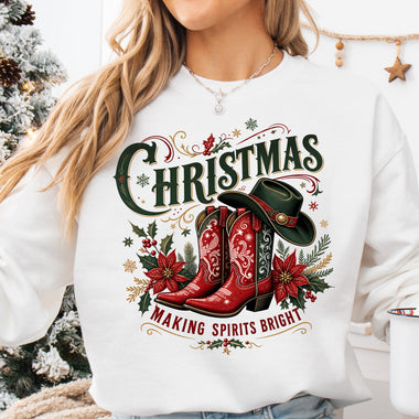 Christmas Making Spirits Bright Red Cowboy Boots DTF Transfer DTF Heat Press Transfer from Sweet Tee Transfers