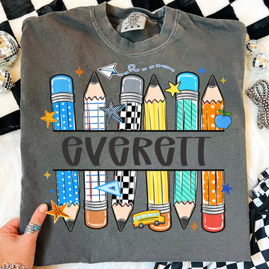 Custom Blue Pencils Back to School Split Name DTF Transfer DTF Heat Press Transfer from Sweet Tee Transfers