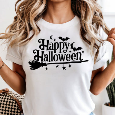 Happy Halloween with Broom DTF Transfer DTF Heat Press Transfer from Sweet Tee Transfers