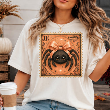 Retro Halloween Stamp Spider with Orange Bow DTF Transfer DTF Heat Press Transfer from Sweet Tee Transfers