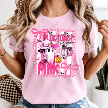 In October We Wear Pink Ghost DTF Transfer DTF Heat Press Transfer from Sweet Tee Transfers