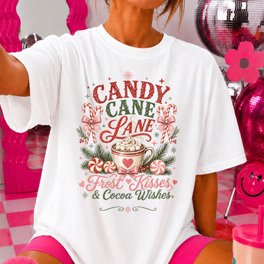 Candy Cane Lane Frost Kisses and Cocoa Wishes DTF Transfer DTF Heat Press Transfer from Sweet Tee Transfers
