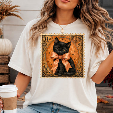 Retro Halloween Stamp Black Cat with Orange Bow DTF Transfer DTF Heat Press Transfer from Sweet Tee Transfers