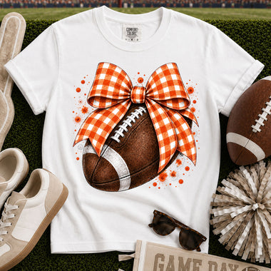 Orange and White Gingham Bow Football DTF Transfer DTF Heat Press Transfer from Sweet Tee Transfers