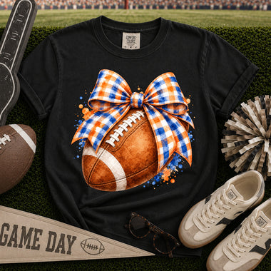 Orange and Blue Gingham Bow Football DTF Transfer DTF Heat Press Transfer from Sweet Tee Transfers