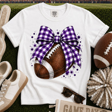 Purple and White Gingham Bow Football DTF Transfer DTF Heat Press Transfer from Sweet Tee Transfers