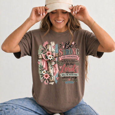 Be Strong and Courageous Joshua 1:9 Floral Cross DTF Transfer DTF Heat Press Transfer from Sweet Tee Transfers