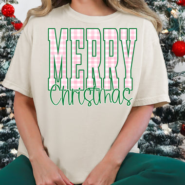 Merry Christmas Checkered Pink and Green DTF Transfer DTF Heat Press Transfer from Sweet Tee Transfers