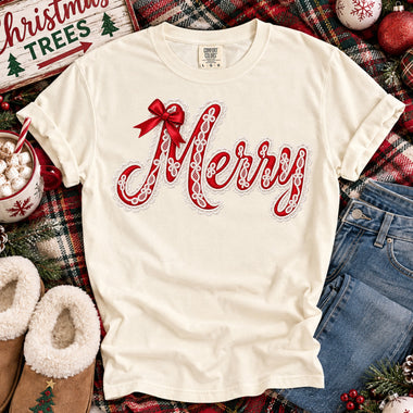 Lace Merry Christmas Faux Embroidery DTF Transfer DTF Heat Press Transfer from Sweet Tee Transfers