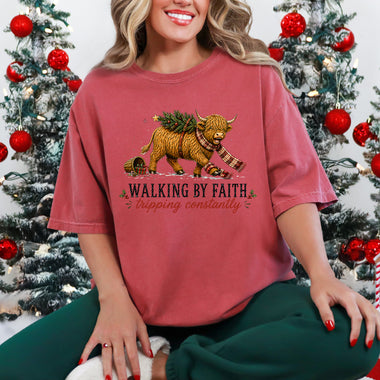 Walking by Faith Tripping Constantly Christmas Highland Cow DTF Transfer DTF Heat Press Transfer from Sweet Tee Transfers