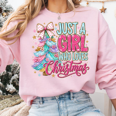 Just a Girl Who Loves Christmas Teal Pink DTF Transfer DTF Heat Press Transfer from Sweet Tee Transfers