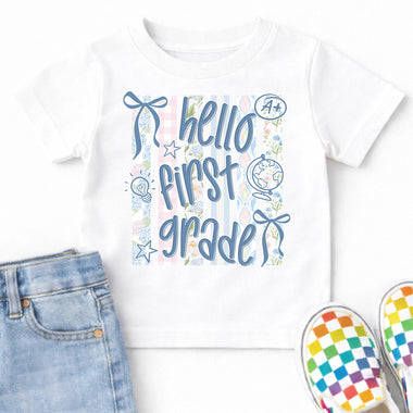 Hello First Grade Striped Pastel DTF Transfer DTF Heat Press Transfer from Sweet Tee Transfers