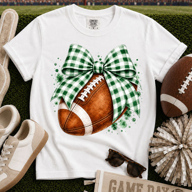 Green and White Gingham Bow Football DTF Transfer DTF Heat Press Transfer from Sweet Tee Transfers