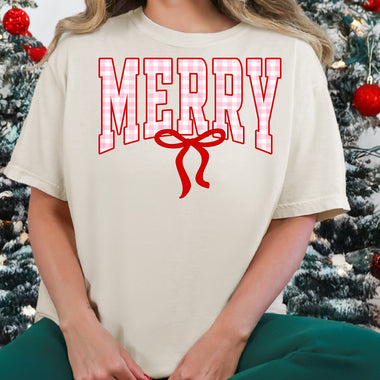 Merry Varsity Pink and Red Checkered DTF Transfer DTF Heat Press Transfer from Sweet Tee Transfers