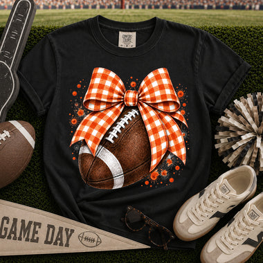 Orange and White Gingham Bow Football DTF Transfer DTF Heat Press Transfer from Sweet Tee Transfers