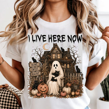 I Live Here Now Ghost Haunted House DTF Transfer DTF Heat Press Transfer from Sweet Tee Transfers