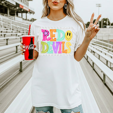 Red Devils School Mascot DTF Transfer – Bright Letters DTF Heat Press Transfer from Sweet Tee Transfers