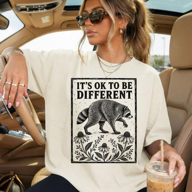 It's Ok to Be Different Raccoon Floral DTF Transfer DTF Heat Press Transfer from Sweet Tee Transfers