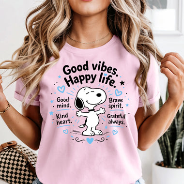 Good Vibes Happy Life Snoopy DTF Transfer DTF Heat Press Transfer from Sweet Tee Transfers
