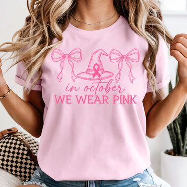 in October We Wear Pink Witch Hat DTF Transfer DTF Heat Press Transfer from Sweet Tee Transfers
