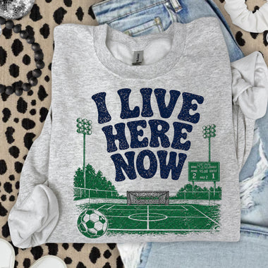 I Live Here Now Soccer Blue DTF Transfer DTF Heat Press Transfer from Sweet Tee Transfers