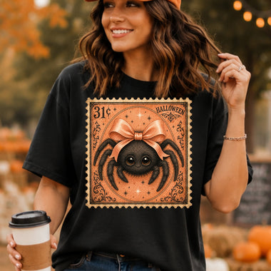 Retro Halloween Stamp Spider with Orange Bow DTF Transfer DTF Heat Press Transfer from Sweet Tee Transfers