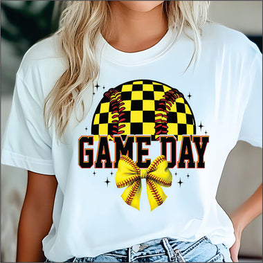 Game Day Softball Check w Bow DTF Transfer