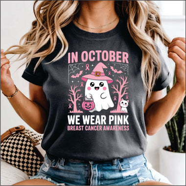 In October We Wear Pink Ghost Breast Cancer Awareness DTF Transfer