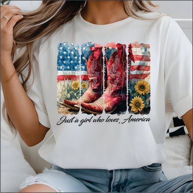 Just a Girl who Loves America red boots DTF Transfer