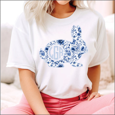 Personalized Blue Floral Monogram Bunny DTF Transfer