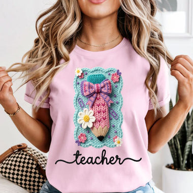 Faux Crochet Pink Pencil Teacher DTF Transfer