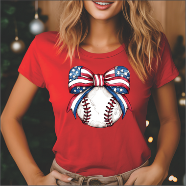 Red White and Blue Bow Baseball Coquette  DTF Transfer