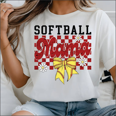 Softball Mama check w bow DTF Transfer