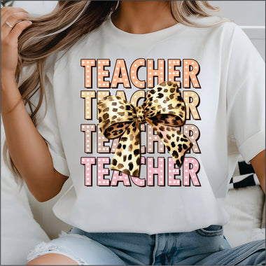 Teacher Repeat w Leopard Bow DTF Transfer