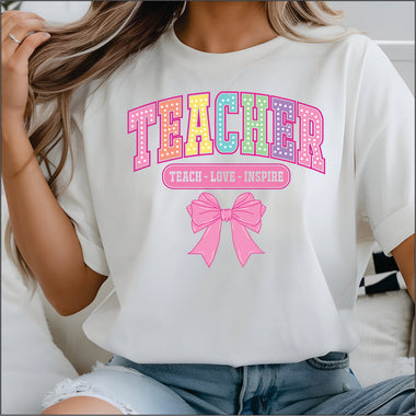 Teacher Teach Love Inspire dots and Pink Bow DTF Transfer