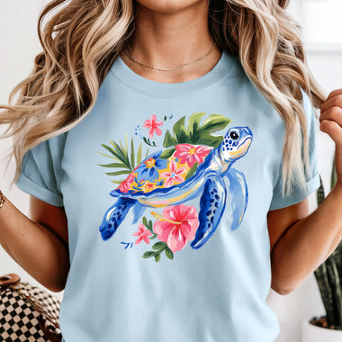 Blue Floral Turtle DTF Transfer