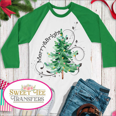 Merry and Bright Watercolor Tree Digital Heat Transfer