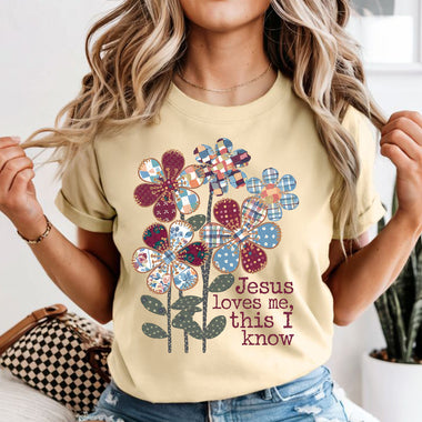 Jesus Loves Me patchwork flowers DTF Transfer