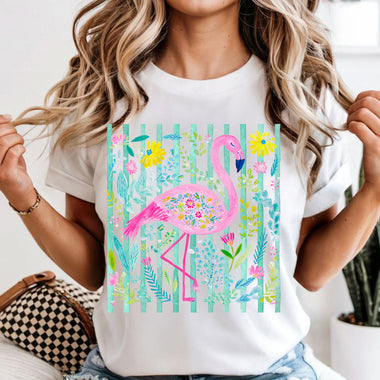 Preppy Flamingo with green stripes DTF Transfer